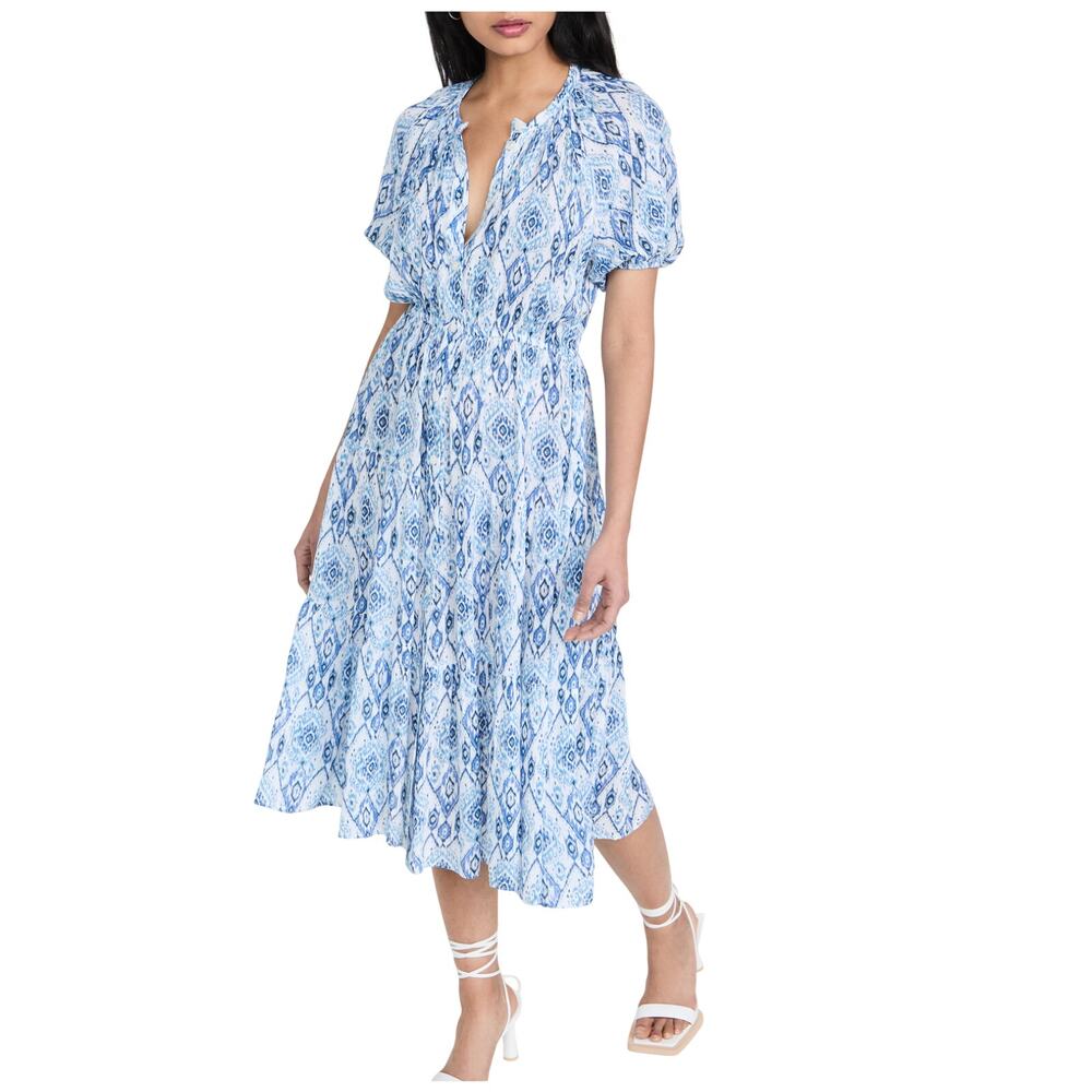 Playa Flowy Ikat Blue Print Lucila Dress Size XS